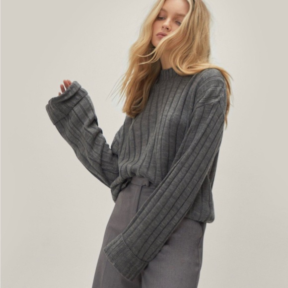 NWT Nast Gal You're Getting Warmer Ribbed High Neck Sweater grey M/L - Picture 6 of 12